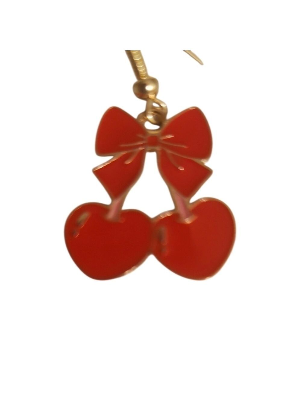 Handmade Artisan Elegant Red Cherry Earrings White Crochet Heart Red Bow - Picture 4 of 6